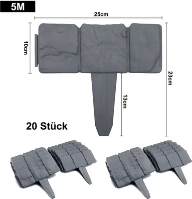 Image de XMTECH 20 pièces Bordure de pelouse aspect pierre 5m Bordure de parterre Bordure de tonte Bordure de jardin Bordure de parterre en plastique, anthracite