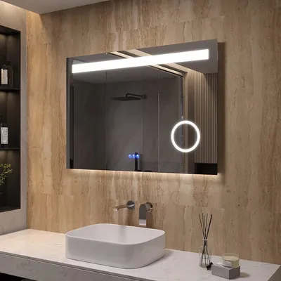 Produktbild von AQUABATOS Dales-Serie LED Badspiegel 100x70 cm Badezimmerspiegel mit Beleuchtung Kaltweiß 6400K Bluetooth Lautsprecher Schminkspiegel 3-Fach Vergrößerung Touch Schalter Dimmbar Antibeschlag