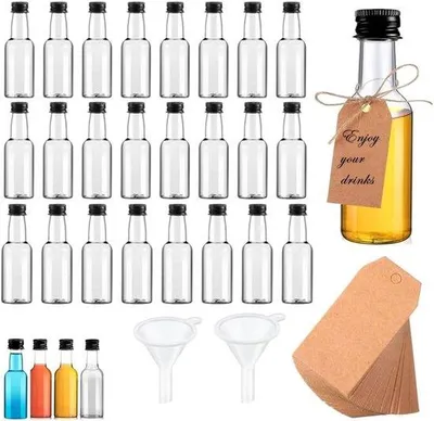 Productafbeelding van Set van 24 kleine 50 ml likeurflessen met zwarte schroefdop, 2 kleine trechtertjes, ideaal voor vullen en n