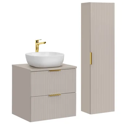 A two-piece bathroom vanity set with a sink and a tall cabinet, presented against a white background.