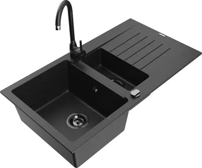 Produktbild von Mexen Matias 1,5-Becken-Granitspüle mit Abtropffläche und Mischbatterie Telma, Schwarz/Silber - 6502-73-670200-70-B