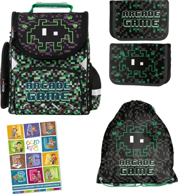 Produktbild von Schulranzen für Jungen und Mädchen, 4er-Set - Schul-Rucksack für Kinder mit Federmäppchen - Schuhbeutel und Hausaufgabenheft - Arcade Game Pixel Motiv