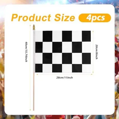 Imagen del producto de 4 banderas de PVC, de 20x28 cm, en blanco y , con punta para asta, reutilizables, ideales para carreras de NASCAR, artículos para fiestas infantiles con temática de NASCAR.
