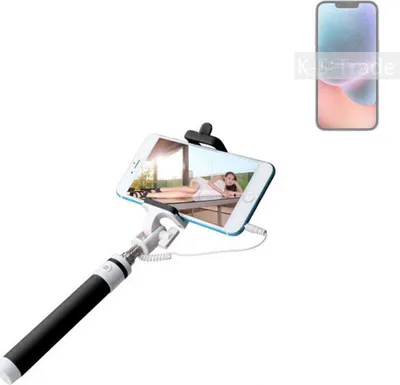 Produktbild von K-S-Trade Selfie Stick kompatibel mit Apple iPhone 14 Selfiestick kabelgebunden Monopod mit Kabel Stab Stange Selfportrait Handheldstick schwarz 1x