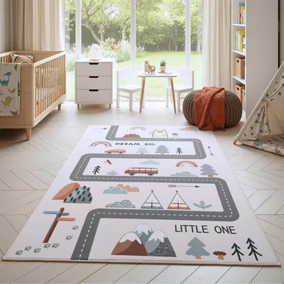 Image de Homebyhome Tapis enfant route tapis de jeu pour chambre enfant couleur crème idéal comme tapis de jeu Taille: 120x170 cm
