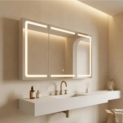 Image de BEALIFE, meuble miroir, 100x16x60 cm, avec éclairage LED, prise électrique et étagère latérale | Portes miroirs réglables | Meuble de salle de bain blanc | AP101
