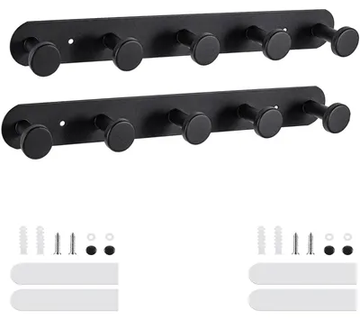 Produktbild von Stabile schwarze Hakenleiste mit 5 Haken – selbstklebend und zur Schraubmontage, Wandhaken für Kleiderschrank/Badezimmer/Tür