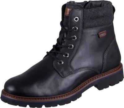 A black leather boot with laces and a grey fabric collar.