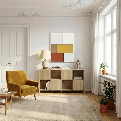 Immagine prodotto di Credenza "Lukkodso" con 4 ante e 8 scomparti 77 x 145 x 30 cm Effetto rovere, medio chiaro