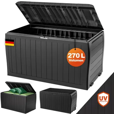 Produktbild von DEUBA® Gartenbox Auflagenbox 270L UV-beständig Haltegriffe Rollen Verschlussvorrichtung Balkon Wohnzimmer Wintergarten Kissenbox 117x45cm Anthrazit