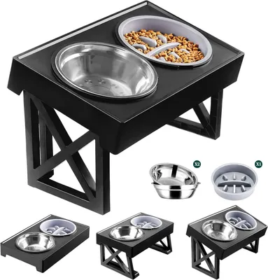 Produktbild von Hundenapfständer für kleine, mittlere und große Hunde, 3-fach höhenverstellbar, erhöhter Futternapf mit Fressbremse, 2 Edelstahl-Futter- und Wassernäpfe für Haustiere