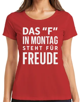 Productafbeelding van "Fijn maandag!" - Grappig spreekwoord, kantoorkleding, cadeau voor collega's, dames T-shirt, rood, maat XL