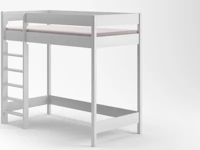 A white bunk bed with a mattress on a white background.