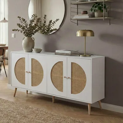 Image de Buffet HWC-P49, armoire commode avec portes, buffet, compartiments de rangement, polyrotin MDF mélamine 80x160x40cm ~ blanc