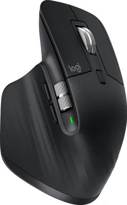 A black Logitech MX Master 3 mouse is shown from a slightly elevated side angle against a white background.
