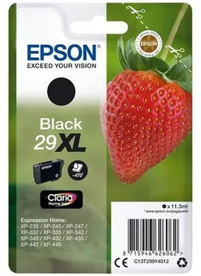 Obrázok produktu pre Epson Strawberry Singlepack Black 29XL Claria Home Ink, High (L) Yield, Čierna, Atrament na pigmentovej báze, 11,3 ml, 1 kusov, 470 strany