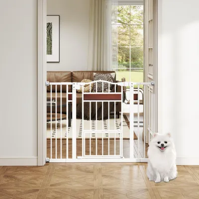Produktbild von GOPLUS Türschutzgitter mit Katzenklappe, 74–104 cm Schutzgitter, Autoclose, Verlängerungen, Treppenschutzgitter ohne Bohren für Hunde & Katzen (Weiß)