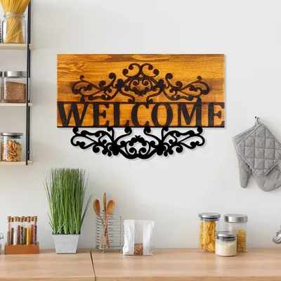 Image de Wallity, Welcome, accessoire mural décoratif en bois, noyer, 100 % BOIS / MÉTAL, 58 x 3 x 36 cm
