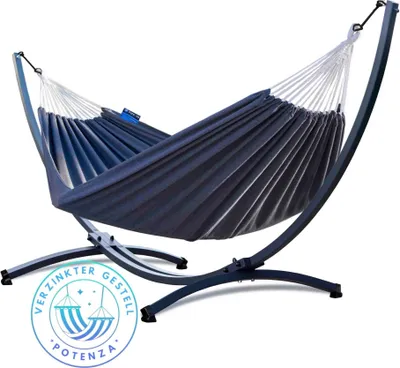 Produktbild von Potenza Outdoor Hängematte mit Verzinkter Gestell für 2 Personen I Baumwolle Doppelhängematte XXL 220x160, 200kg I Hängemattengestell 220kg, wetterfest