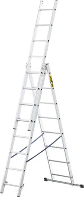 A multi-purpose aluminum ladder shown in an A-frame configuration.