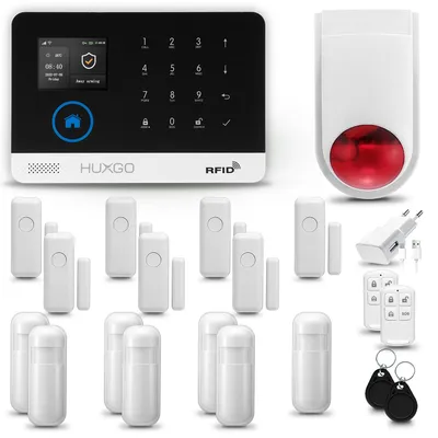 Image de Système d'alarme HUXGO HXA003 pour la maison, avec connexion WiFi et GSM 4G, incluant une sirène sans fil. Ce système d'alarme est équipé de 7 détecteurs de mouvement et de 7 capteurs de porte/fenêtre, et est adapté pour les appartements, les maisons et les garages