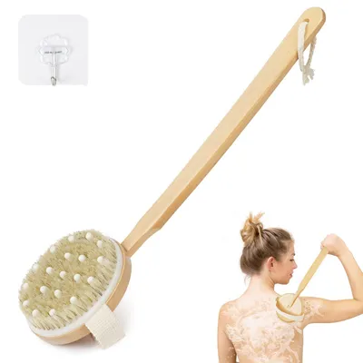 Produktbild von Rückenbürste – Duschbürste mit langem Griff, Naturborsten und Trockenbürstenfunktion – Für Körperpflege, Peeling, Massage, Entfernung abgestorbener Hautschüppchen und gegen Cellulite – 42 cm
