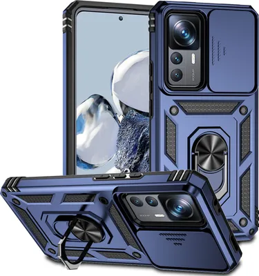 Image de Etui pour Xiaomi 12T / 12T Pro / Redmi K50 Ultra étui double couche avec protection coulissante de l'appareil photo et anneau de support bleu