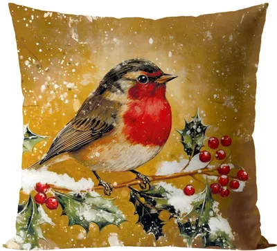 Imagen del producto de MARKIZETA | Funda de cojín decorativa - Funda de cojín - 40 x 40 cm - Dorado - Motivo: pájaros - Funda de cojín navideña - Navidad