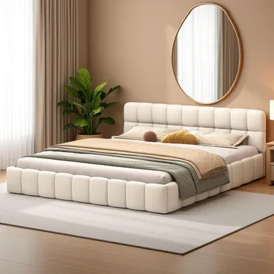 Produktbild von Fortuna Lai Polsterbett 140x200 cm, Doppelbett mit Rückenlehne, Lattenrost & Leinenbezug, Beige