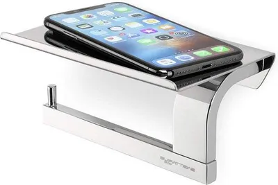 Produktbild von Famanu Toilettenrollenhalter mit Telefonhalter und Ablage aus poliertem Edelstahl - Silber