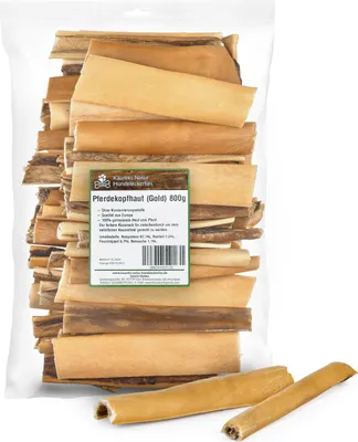Produktbild von Kaureks Natur Hundeleckerlies, Pferdekopfhaut 800g (Gold) ca. 15 cm natürliche Zahnpflege für Hunde, wie Pferdeknochen