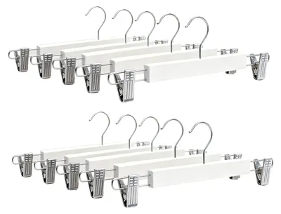 Image de Lot de 10 cintres pour pantalons Relaxdays, 2 pinces chacun, cintres à pinces pour pantalons et jupes, dimensions : 12 x 36 x 1,2 cm, bois et fer, blanc