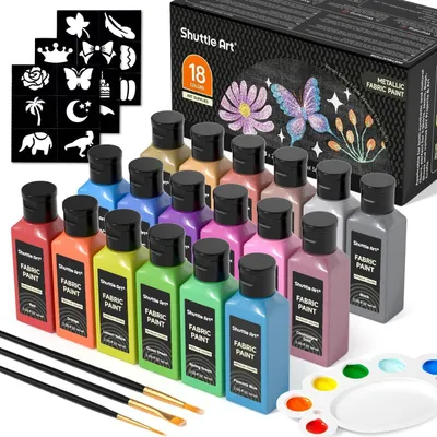 Immagine prodotto di Set di colori per tessuti, 18 colori metallici, flaconi da 60 ml, inclusi pennelli e modelli, lavabili in lavatrice