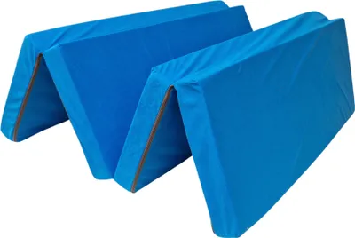 A blue folding mattress is shown against a white background.