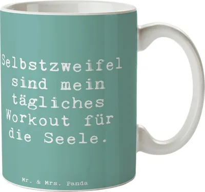Produktbild von Mr. & Mrs. Panda Kaffeetasse Spruch Selbstzweifel Workout - Meeresbrise - Geschenk, Kaffeebecher, Gefühl, Selbstwahrnehmung, humorvoll, innere Stärke, Teetasse, Tasse