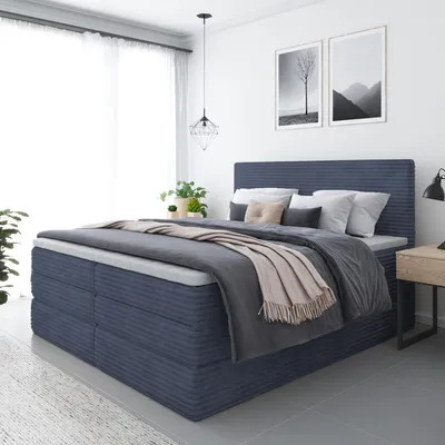 Produktbild von Bett, Boxspringbett ZENO PLUS mit 2-Matrazen und VISCO Topper, Doppelbett, Stauraum, Schlafzimmer, Polsterbett, 200x200 cm (Dunkelblau - Tilia 77)