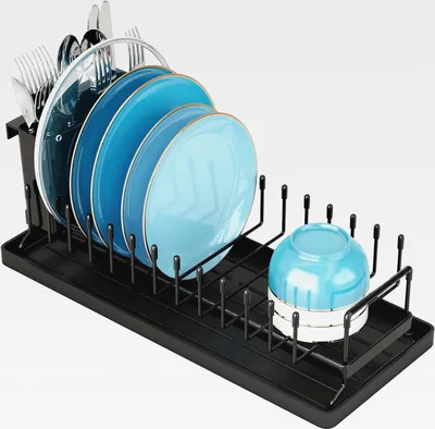 Produktbild von Kleines Kompaktes Abtropfgestell für Küchentheke - Mit Silikon-Abtropfmatte, Edelstahl-Gestell für Küchenspüle, Platzsparendes Tellerregal, Besteckhalter