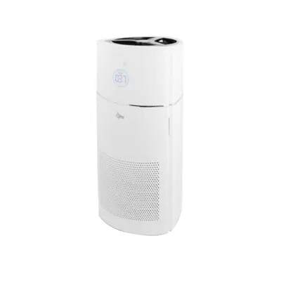 A white air purifier with a digital display and ventilation grilles.