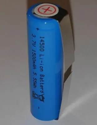 A single blue cylindrical battery with silver metal contacts on top and a red 'X' symbol within a circle on a white and light gray background.