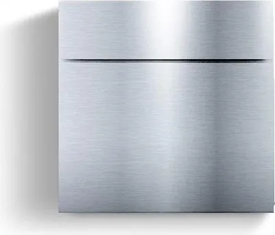 A close-up, front-facing view of a brushed stainless steel mailbox.