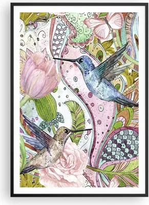 Produktbild von Gerahmtes Poster - Schwarzer Rahmen - Vogel Schmetterling Blume - 70x100 cm - Wand Bild - Wanddeko - Wandbilder - Wandposter - Bilderrahmen - Bilder - Kunstdruck - Wandbild - P2BPA70x100-4065