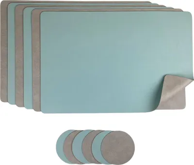 Produktbild von Platzset 6er Set Kunstleder mit Glasuntersetzer abwaschbar, Wendbares Tischset 45x30cm, Platzdeckchen Modern (Grau/Türkis)