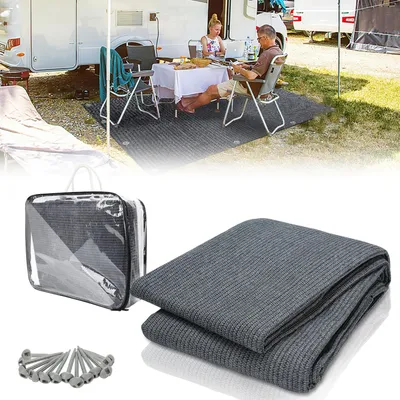 Productafbeelding van Campingtapijt voor de voortent, gemaakt van HDPE, 240 g/m², afmetingen 300 x 600 cm, blauwgrijs, 1 tapijt met 13 haringen, UV-bestendig en aan beide zijden bruikbaar
