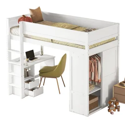 Produktbild von Hochbett mit Lattenrost, Schreibtisch und Kleiderschrank (90x200 cm) Kinderbett mit Rausfallschutz, Jugendbett