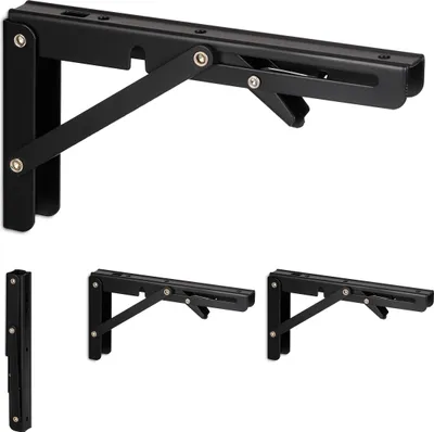 Image de Lot de 4 supports d'étagères Relaxdays, supports d'étagères rabattables, pour fixation murale, équerres d'étagères, métal, dimensions : 11 x 3 x 20 cm, noir