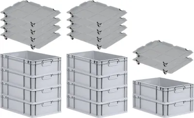 Produktbild von SparSet 10x Eurobox NextGen Economy mit Auflagedeckel und 4x Schiebeschnappverschlüsse Schwarz | Griffe geschlossen | HxBxT 17x40x60cm | 34 Liter | Eurobehälter, Transportbox, Transportbehälter, Stapelbehälter