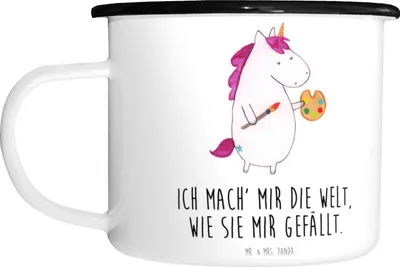 Produktbild von Mr. & Mrs. Panda Reisebecher Einhorn Künstler - Weiß - Geschenk, Camping Tasse, Farbe, Pott, Teetasse, Emailletasse, Große, Emaille, Englisch, Pinsel, Unicorn, Welt, Deko