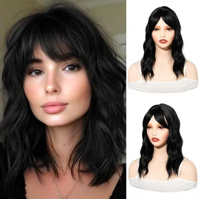 Image de Pièce de cheveux synthétique pour femmes, longueur 35 cm, avec frange, couleur noire
