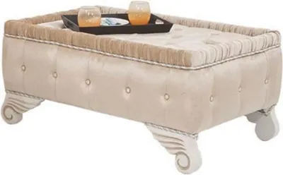 Produktbild von Casa Padrino Luxus Barock Hocker Beige / Weiß 100 x 63 x H. 46 cm - Sitzhocker mit edlem Samtstoff - Wohnzimmer Möbel im Barockstil
