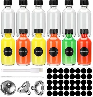 Produktbild von Famanu Mini Glasflaschen 60 ml, wiederverwendbar mit schwarzen Deckeln und Trichter – Transparent